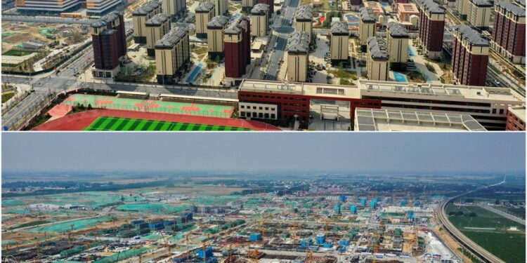This combo photo shows the aerial view of the Rongxi area on March 31, 2023 (up) and the construction site of it on July 3, 2021 in Xiong'an New Area, north China's Hebei Province. (Xinhua/Mu Yu)