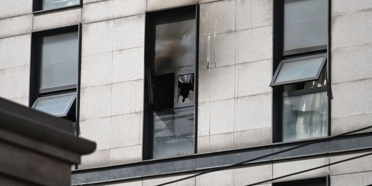 A damaged window is seen at the Changfeng Hospital in Beijing, April 19, 2023. /CFP