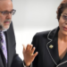 Opposition Leader and PNP President Mark Golding (l). Legal and Constitutional Affairs Minister Marlene, Malahoo-Forte