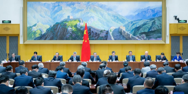 Chinese Premier Li Qiang, also a member of the Standing Committee of the Political Bureau of the Communist Party of China (CPC) Central Committee, speaks at a State Council meeting on clean governance, March 31, 2023. Ding Xuexiang, a member of the Standing Committee of the Political Bureau of the CPC Central Committee and Chinese vice premier, presided over the meeting. The meeting was attended by Li Xi, a member of the Standing Committee of the Political Bureau of the CPC Central Committee and secretary of the CPC Central Commission for Discipline Inspection. (Xinhua/Zhai Jianlan)