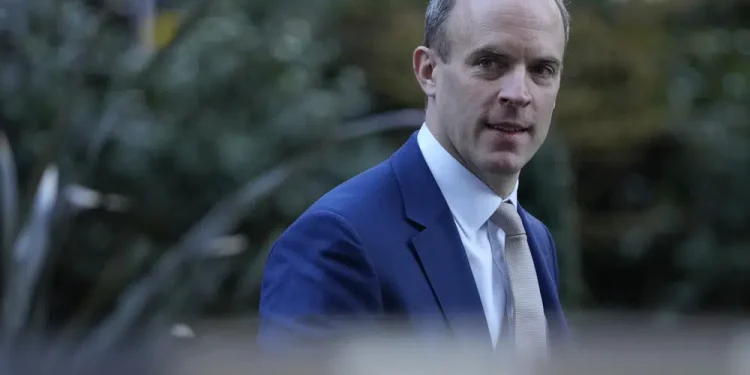 FILE - Britain's Deputy Prime Minister Dominic Raab arrives at 10 Downing Street in London, Tuesday, Jan. 18, 2022. Raab has resigned after an independent investigation into complaints that he bullied civil servants. Raab’s decision Friday, April 21, 2023 came the day after Prime Minister Rishi Sunak received findings into eight formal complaints that Raab, who is also justice secretary, had been abusive toward staff during a previous stint in that office and while serving as foreign secretary and Brexit secretary. (AP Photo/Alastair Grant file)