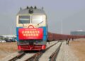 A China-Europe freight train carrying domestically made vehicles departs Shijiazhuang in Hebei province for five Central Asian countries in late March. [Photo/China News Service]