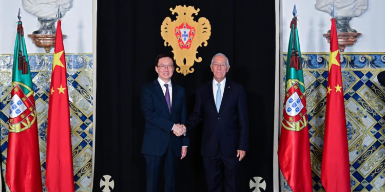 Chinese Vice President Han Zheng meets with Portuguese President Marcelo Rebelo de Sousa in Lisbon, Portugal, May 8, 2023. Han Zheng visited Portugal from Sunday to Tuesday. (Xinhua/Yue Yuewei)
