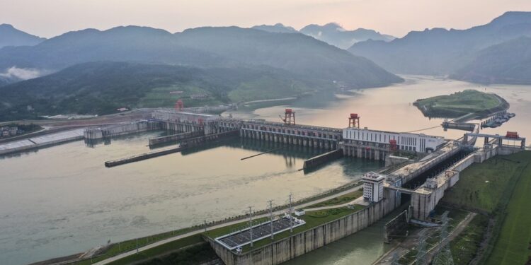 This aerial photo shows the Dateng Gorge water conservancy project in Guiping City, south China's Guangxi Zhuang Autonomous Region, May 20, 2023. (Xinhua/Cao Yiming)