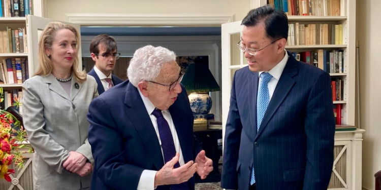 Chinese Ambassador to the United States Xie Feng meets with former U.S. Secretary of State Henry Kissinger in Kent, Connecticut, the United States, May 26, 2023. Xie Feng on Friday met with Kissinger in Kent, Connecticut, expressing best wishes from the Chinese side to Dr. Kissinger on his 100th birthday. The pair had an in-depth exchange of views on China-U.S. relations and international and regional issues of common interest. (Xinhua)
