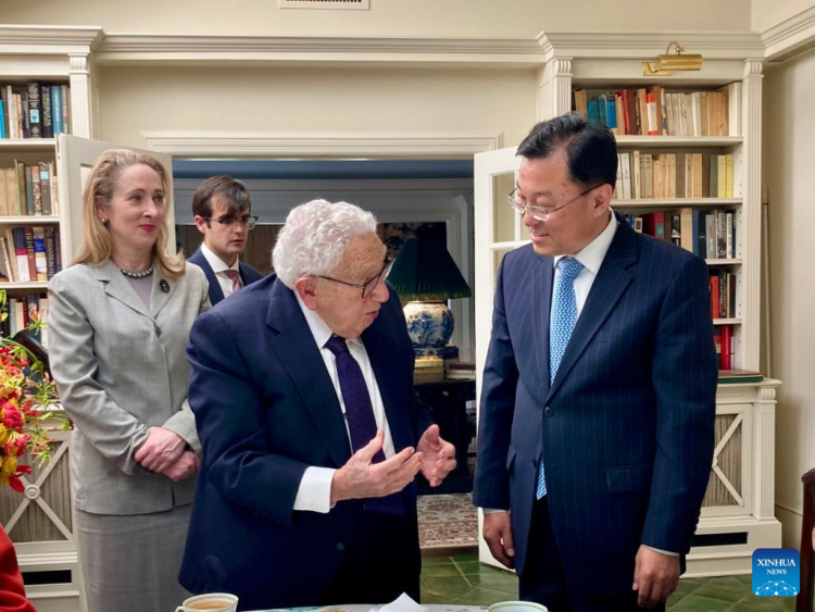 Chinese Ambassador to the United States Xie Feng meets with former U.S. Secretary of State Henry Kissinger in Kent, Connecticut, the United States, May 26, 2023. Xie Feng on Friday met with Kissinger in Kent, Connecticut, expressing best wishes from the Chinese side to Dr. Kissinger on his 100th birthday. The pair had an in-depth exchange of views on China-U.S. relations and international and regional issues of common interest. (Xinhua)