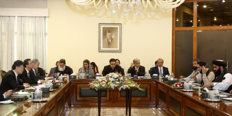 Chinese State Councilor and Foreign Minister Qin Gang (1st L) attends the fifth round China-Afghanistan-Pakistan Foreign Ministers' Dialogue in Islamabad, Pakistan, May 6, 2023. The dialogue was chaired by Pakistani Foreign Minister Bilawal Bhutto Zardari (C). Amir Khan Muttaqi (1st R), acting foreign minister of the Afghan interim government, attended the dialogue. (Xinhua/Ahmad Kamal)