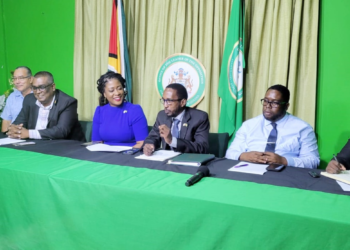 From left are Economist Elson Low, PNCR CEC member Mervyn Williams, Members of Parliament Ganesh Mahipaul (Shadow Minister of Local Government & Regional Development), Amanza Walton Desir (Shadow Minister of Foreign Affairs) and Shurwayne Holder (PNCR Chairman), PNCR CEC member Sherwin Benjamin and PNCR PR Officer Shaneika Haynes.