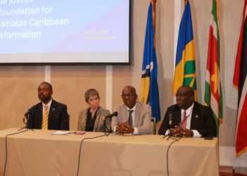 (from left): Minister of Labour, Social Security and the Third Sector of Barbados, Colin Jordan; ILO Regional Director (ag) for Latin America and the Caribbean, Claudia Coenjaerts; Minister of Labour, Joseph Hamilton; and Director of ILO Decent Work Team and Office for the Caribbean, Dennis Zulu during the press conference