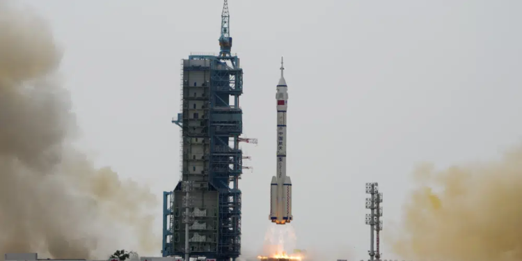 A Long March rocket carrying a crew of Chinese astronauts in a Shenzhou-16 spaceship lifts off at the Jiuquan Satellite Launch Center in northwestern China, Tuesday, May 30, 2023. (AP Photo/Mark Schiefelbein)