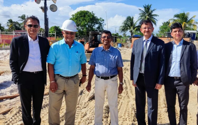 GWI Chief Executive Officer, Shaik Baksh (third left) and Project Manager, Richard Persaud (second left) with Toshiba Water Solutions Private Limited Director and Chief Executive Officer, Rajkumar Gupta ((second right), Group Chief Financial Officer, Anil Chauhan (right) and Group Director, Sanjay Agrawal (left) at the project site on Friday