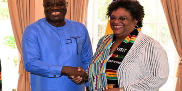 Prime Minister Mia Amor Mottley and Ghana’s Minister of Tourism, Arts and Culture, Ibrahim Awal. (BGIS Photo)