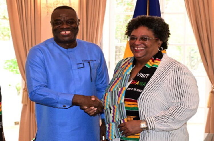 Prime Minister Mia Amor Mottley and Ghana’s Minister of Tourism, Arts and Culture, Ibrahim Awal. (BGIS Photo)