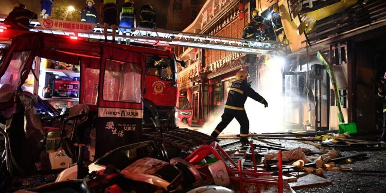 Firefighters work at the site of a restaurant gas explosion in Yinchuan, northwest China's Ningxia Hui Autonomous Region, June 21, 2023.(Xinhua/Wang Peng)