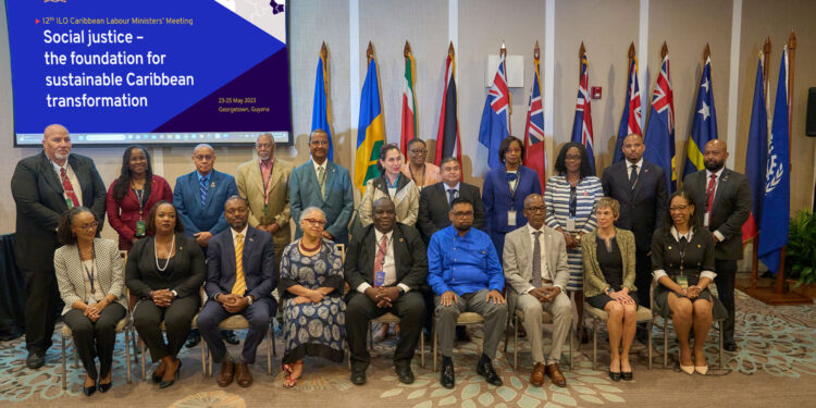Caribbean Ministers of Labour join His Excellency Dr. Mohamed Irfaan Ali, President of the Cooperative Republic of Guyana, and other dignitaries for the 12th ILO Caribbean Labour Ministers’ Meeting in Georgetown, Guyana.

Photo credit: ILO/Azikiwe Denheart