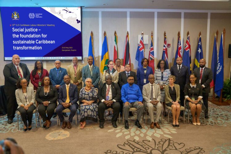 Caribbean Ministers of Labour join His Excellency Dr. Mohamed Irfaan Ali, President of the Cooperative Republic of Guyana, and other dignitaries for the 12th ILO Caribbean Labour Ministers’ Meeting in Georgetown, Guyana.
Photo credit: ILO/Azikiwe Denheart