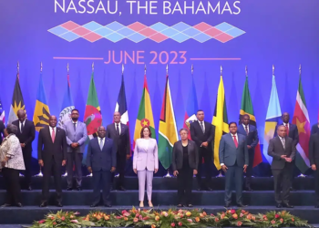U.S. Vice President Kamala Harris, center, poses for an official group photo with leaders attending the US - Caribbean Leaders meeting, at the Atlantis Conference Center in Nassau, Bahamas, Thursday, June 8, 2023. (AP Photo/Kristaan Ingraham)