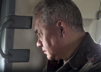 In this photo taken from video released on Monday, June 26, 2023 by Russian Defense Ministry Press Service, Russian Defense Minister Sergei Shoigu is on board of a military helicopter on his way to inspect a command post of one of the formations of the Zapad (West) group of Russian troops at an undisclosed location of Ukraine. Shoigu made his first public appearance Monday since a mercenary uprising demanded his ouster, inspecting troops in Ukraine. (Russian Defense Ministry Press Service via AP)