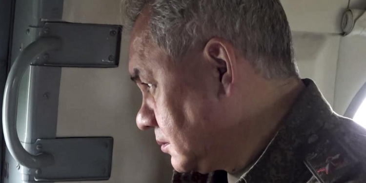 In this photo taken from video released on Monday, June 26, 2023 by Russian Defense Ministry Press Service, Russian Defense Minister Sergei Shoigu is on board of a military helicopter on his way to inspect a command post of one of the formations of the Zapad (West) group of Russian troops at an undisclosed location of Ukraine. Shoigu made his first public appearance Monday since a mercenary uprising demanded his ouster, inspecting troops in Ukraine. (Russian Defense Ministry Press Service via AP)