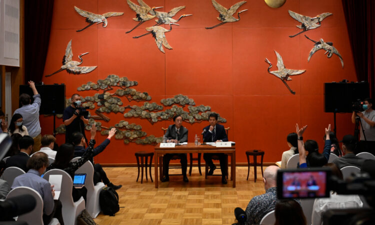 China's Special Representative for Eurasian Affairs Li Hui (centre right) gives a briefing on his visit to Ukraine, Poland, France, Germany and Russia in Beijing on June 2, 2023. Photo: AFP