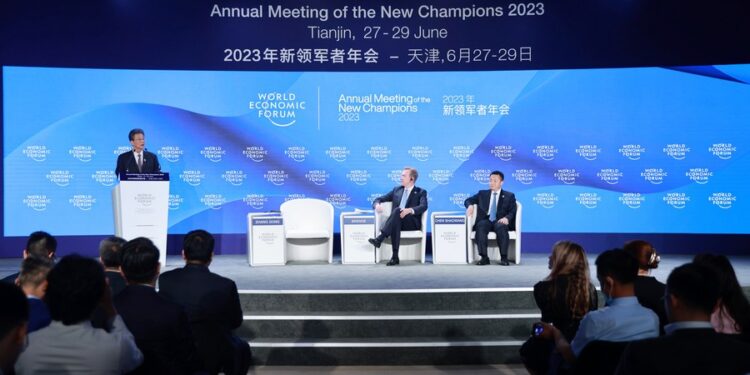This photo taken on June 29, 2023 shows the closing ceremony of the 14th Annual Meeting of the New Champions, also known as the Summer Davos, in north China's Tianjin Municipality. (Xinhua/Zhao Zishuo)