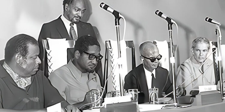 From left to right- Prime Ministers Errol Barrow (Barbados), Forbes Burnham (Guyana), Eric Williams (Trinidad and Tobago), Michael Manley (Jamaica)