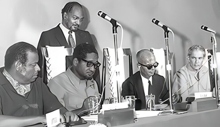 From left to right- Prime Ministers Errol Barrow (Barbados), Forbes Burnham (Guyana), Eric Williams (Trinidad and Tobago), Michael Manley (Jamaica)