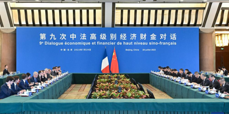 Chinese Vice Premier He Lifeng co-chairs the ninth China-France High Level Economic and Financial Dialogue with Bruno Le Maire, minister of economy, finance and industrial and digital sovereignty of France, in Beijing, capital of China, July 29, 2023. (Xinhua/Yan Yan)
