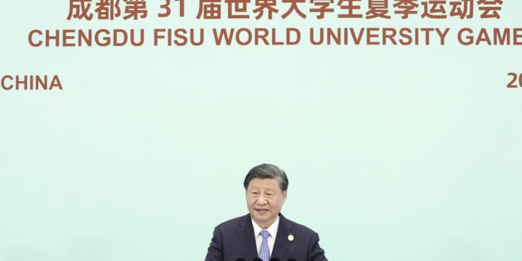 President Xi Jinping addresses a welcoming banquet ahead of the opening ceremony of the 31st summer edition of the FISU World University Games in Chengdu, capital city of Southwest China's Sichuan province, on Friday, July 28, 2023. [Photo/Xinhua]