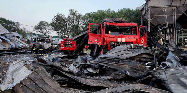 A heavily damaged emergency vehicle is seen at a compound of an agricultural company hit by a Russian missile strike in Odesa region, Ukraine, on July 21. Press service of the State Emergency Service of Ukraine/Reuters