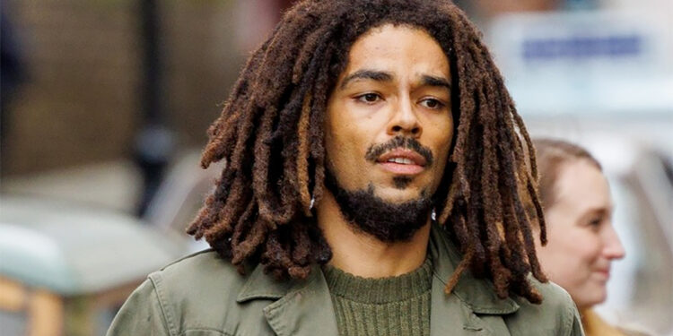 Kingsley Ben-Adir in character as the late Reggae legend Bob Marley, while filming the ‘Bob Marley: One Love’ biopic in London, England, earlier this year.