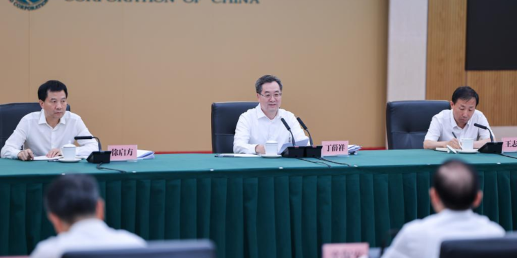 Chinese Vice Premier Ding Xuexiang, also a member of the Standing Committee of the Political Bureau of the Communist Party of China Central Committee chairs a meeting in Beijing, capital of China, July 15, 2023. Ding made research tours to China Huaneng Group and the State Grid and chaired a meeting on ensuring power supply on Saturday. (Xinhua/Liu Bin)