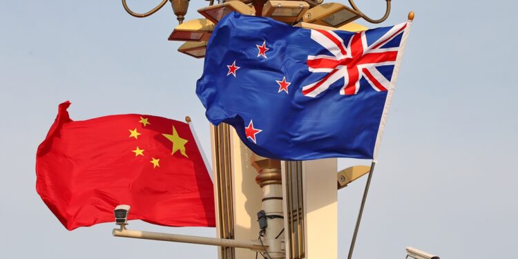 National flags of China and New Zealand on Tiananmen Square in Beijing on June 25, 2023 Photo: VCG