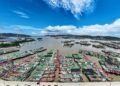 This aerial photo shows fishing boats taking shelter from the approaching Typhoon Khanun at a harbor in Daishan County, Zhoushan City, east China's Zhejiang Province, on July 31 (XINHUA)