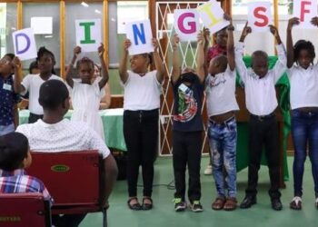 Participants from the Reading is Fun Programme performing an acrostic poem