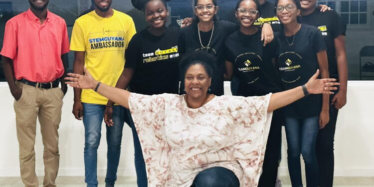 A few members of Team Guyana (From Left) Zionara Lawrence, Naliah Fordyce, T'sehai Holder, Xaria Holder and Ariel Taylor with Coach Arrianna Mahase, Mentors Daniel McAlmont, Joshua Reece and STEMGuyana Director, Dr. Karen Abrams
