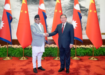 Chinese Premier Li Qiang holds talks with Nepalese Prime Minister Pushpa Kamal Dahal Prachanda, who is on an official visit to China, at the Great Hall of the People in Beijing, capital of China, Sept. 25, 2023. (Xinhua/Li Tao)