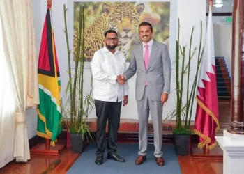 President Dr Mohamed Irfaan Ali with the Amir of the State of Qatar, His Highness Sheikh Tamim bin Hamad Al Thani at State House