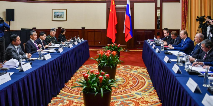 Wang Yi, a member of the Political Bureau of the Communist Party of China Central Committee and director of the Office of the Central Commission for Foreign Affairs, co-chairs the 18th round of China-Russia strategic security consultation with Nikolai Patrushev, Secretary of the Security Council of the Russian Federation, in Moscow, Russia, Sept. 19, 2023. (Xinhua/Cao Yang)