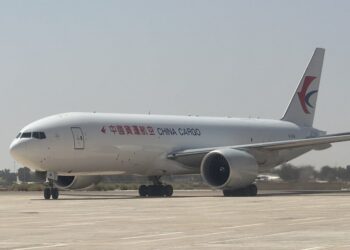 China's cargo plane carrying urgent relief supplies arrives at the eastern Libyan city of Benghazi on Sept. 24, 2023. (Photo by Ibrahim Hadia al-Majbri/Xinhua)