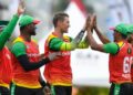 Guyana Amazon Warriors celebrate a wicket.CPL