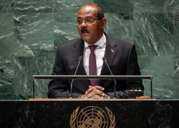 Antigua and Barbuda Prime Minister Gaston Browne speaking at the UNGA on September 22, 2023.