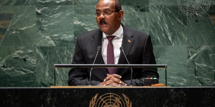 Antigua and Barbuda Prime Minister Gaston Browne speaking at the UNGA on September 22, 2023.