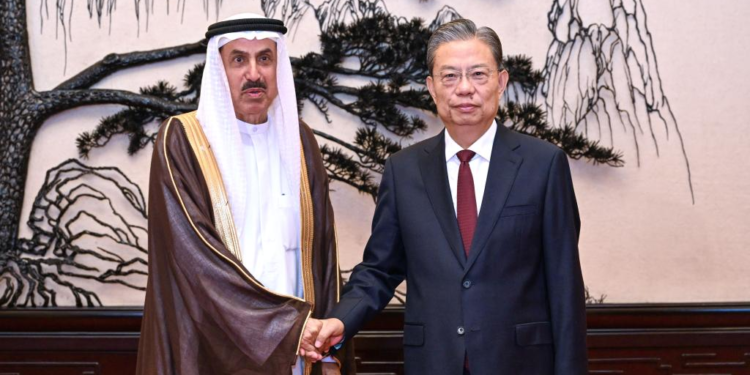 Zhao Leji, chairman of the National People's Congress (NPC) Standing Committee, holds talks with Saqr Ghubash, speaker of the Federal National Council of the United Arab Emirates (UAE), at the Great Hall of the People in Beijing, capital of China, Sept. 13, 2023. (Xinhua/Rao Aimin)