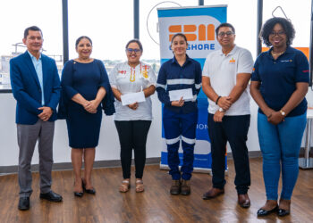 Kimberly Kenyon and Graziella Abraham with SBM Offshore Guyana’s General Manager, Mr. Martin Cheong; Human Resource Manager, Ms. Onecia Johnson; the University of Guyana’s Vice Chancellor, Dr. Paloma Mohamed Martin, and the Ministry of Education’s Deputy Chief Education Officer with responsibility for Amerindian and Hinterland Development, Mr. Marti De Souza.