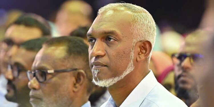President-elect of the Maldives Mohamed Muiz attends a victory celebration in Male, Maldives, Monday, Oct. 2, 2023. Muiz said he will stick to his campaign promise to remove Indian military personnel stationed in the archipelago state, promising he would initiate the process. (AP Photo/Mohamed Sharuhaan)