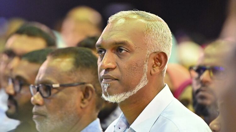 President-elect of the Maldives Mohamed Muiz attends a victory celebration in Male, Maldives, Monday, Oct. 2, 2023. Muiz said he will stick to his campaign promise to remove Indian military personnel stationed in the archipelago state, promising he would initiate the process. (AP Photo/Mohamed Sharuhaan)