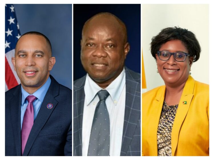 L-R Democratic House Leader Congressman Hakeem Jeffries, Leader of the Opposition Aubrey Norton, AFC Chairman Cathy Hughes MP