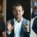 This combo of pictures taken Tuesday, Oct. 3, 2023 shows from left French Scientist Pierre Agostini posing in his apartment in Paris, Scientist Ferenc Krausz speaking during a presentation at the Max-Plank-Institute of Quantum Optics in Munich, and French-Swedish physicist Anne L'Huillier talking to journlists at Lund University, Sweden. The three scientists won the Nobel Prize in physics on Tuesday for studying how electrons zip around the atom in the tiniest fraction of seconds, a field that could one day lead to better electronics or disease diagnoses. (AP Photo/Michel Euler, Martthias Schrader and Ola Torkelsson/TT News Agency via AP)
