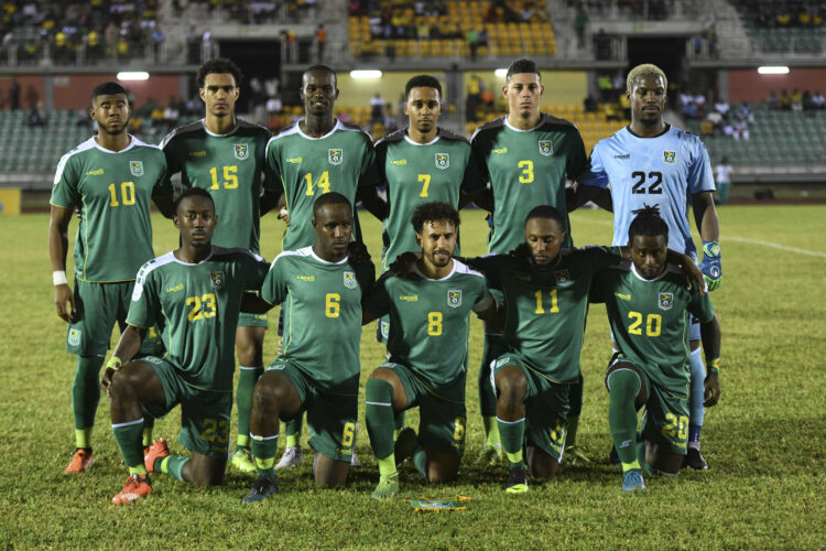 Team Guyana pose prior to the Concacaf Nations League B tournament match between Jamaica and Guyana at the Montego Bay Sports Complex in Montego Bay, Jamaica on November 18, 2019.